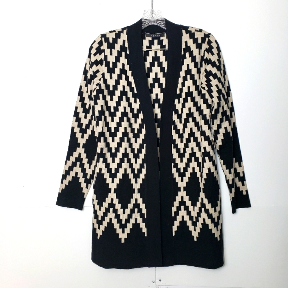 Cyrus Black Tan Tribal Vee Neck Cardigan Sweater S